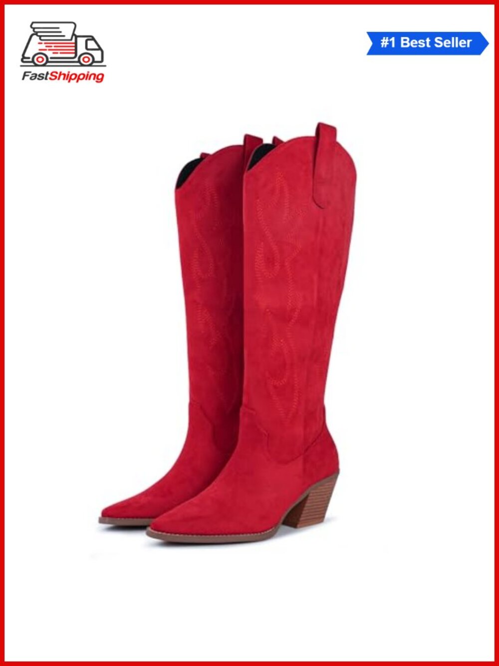 ✨ Gemialle Cowgirl Boots Women Knee High Snip Toe Block Heel Suede Western Boots